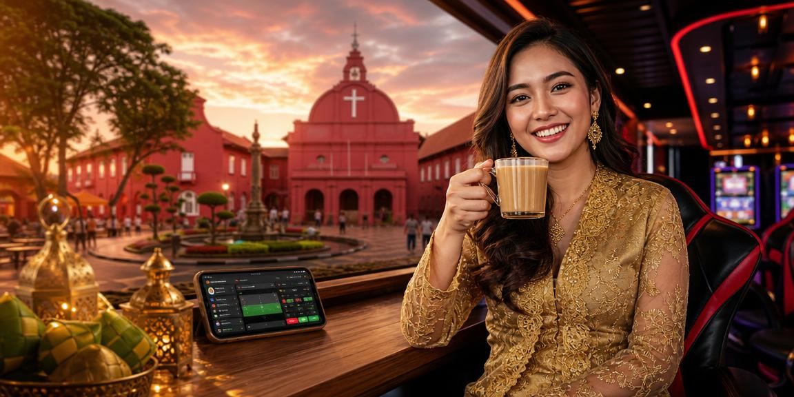 Pengguna wanita berbaju kebaya mengakses kasino mudah alih di Melaka dengan telefon pintar
