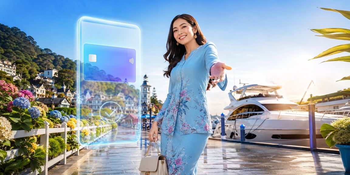 Wanita berbaju kurung nikmati hiburan kasino Malaysia dengan telefon bimbit dalam suasana ceria